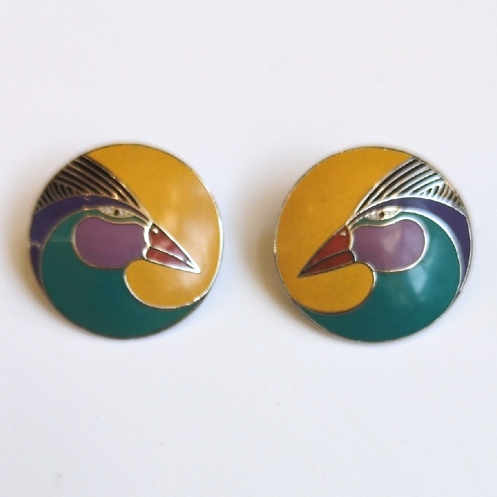 Vtg Laurel Burch Harlequin Bird Earrings - Round Circle Gold Tone‎ Studs Yellow - Picture 2 of 6
